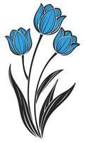 Stylized blue tulips with black outlines and leaves vector
