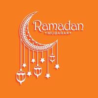 Ramadan Mubarak Text with Crescent Moon and Hanging Lanterns Design vector