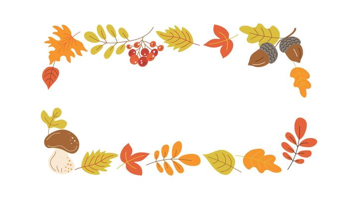 Frame, border with autumn leaves. Mushroom, acorns, berries. Place for text. Autumn, rowan branch. Botanical illustration of nature. Leaf fall. White isolated background.