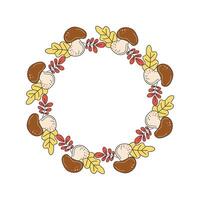 Autumn banner, round frame. Wreath with forest mushrooms. Fall leaves, oak leaf, rowan leaf, food. Hand drawn, doodle, drawing. Natural botanical background, postcard design, harvest festival. vector