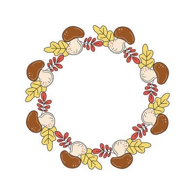Autumn banner, round frame. Wreath with forest mushrooms. Fall leaves, oak leaf, rowan leaf, food. Hand drawn, doodle, drawing. Natural botanical background, postcard design, harvest festival.