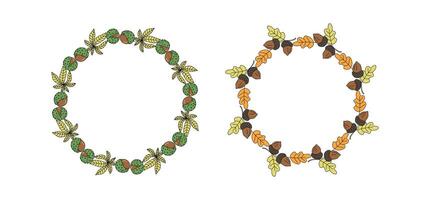 Autumn banner. Set, round frame. Wreath with oak leaves, acorns, chestnut, leaves. Leaf fall. Hand drawn, doodle, drawing. Natural botanical background, postcard design, harvest festival. vector