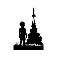 Silhouette of a boy watching a rocket launch isolated on white background vector