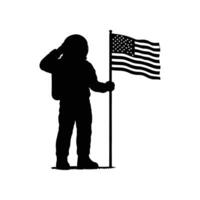 Silhouette of an astronaut saluting next to american flag isolated on white background vector
