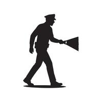police officer silhouette man walking with flashlight law enforcement and security patrol concept on white background vector