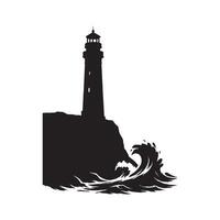 Lighthouse on cliff silhouette with ocean wave guiding light and coastal navigation concept isolated on white background vector