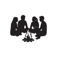 friends sitting around campfire silhouette on white background group camping outdoor gathering vector