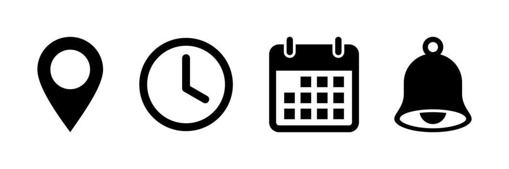 Date, Time, Address, and Notification icon set. Calendar, address, location pointer, and alarm bell icons. Notice alert, Notification, schedule, time clock icons. vector