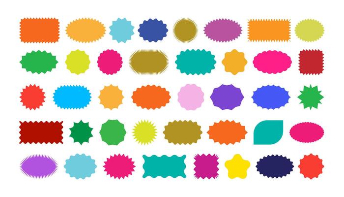 Zig zag wavy edge rectangle, oval, circle stickers set. Jagged geometric shapes . Color vintage banner set. Star burst sticker set. Badge star, sale price tag, sticker starburst shape