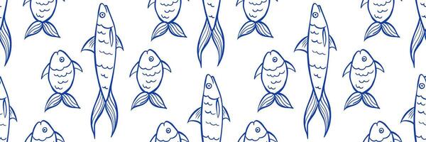 Stylized fish pattern in blue with sketchy lines. Nautical style background. Perfect for fabric, packaging, beach, coastal restaurant, decor. Hand doodle illustration with ocean vibes. vector