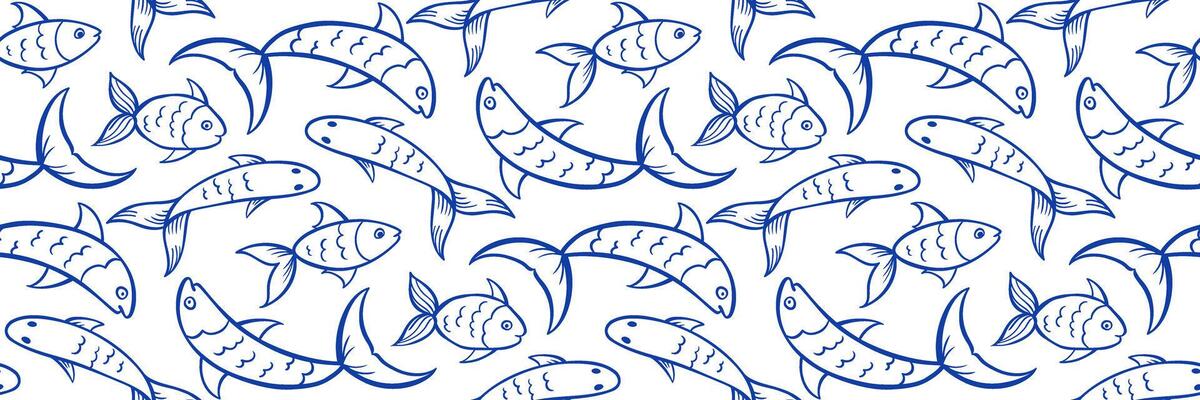Stylized fish pattern in blue with loose sketchy lines. Nautical style background. Perfect for fabric, packaging, beach, coastal restaurant, decor. Hand doodle illustration with ocean vibes.