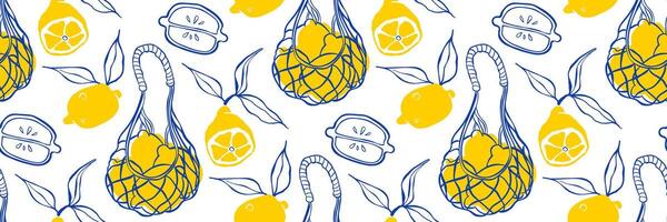 Lemon pattern with net bag. Mixing flat shapes and doodle lines in sunny yellow and blue. Ideal for prints, textiles, branding. Outline illustration with playful summer feel. vector