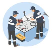 Technicians repairing equipment on a table vector