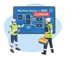 Technician and robot observing error message vector
