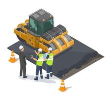 Construction site with asphalt roller and workers vector