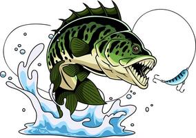 Colorful Fishing Artwork With Wild Leaping Fish And Open Jaws In Action vector