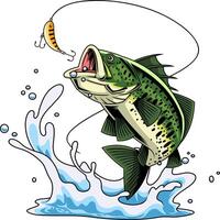 Aggressive Largemouth Bass Artwork Leaping Toward Hooked Crankbait vector