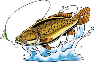 Jumping Fish Illustration With Splashing Water And Fishing Lure In Action vector