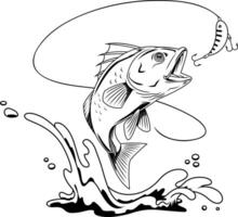 Black And White Fishing Scene With Leaping Freshwater Predator Fish vector
