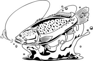 Outlined Jumping Bass With Water Splash And Classic Lure Design vector
