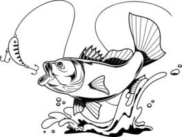 Black And White Sport Fishing Illustration With Predator Fish In Mid Jump vector