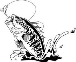 Black And White Jumping Bass Illustration With Hooked Lure And Splash Effect vector