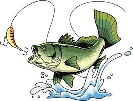 Sport Fishing Scene With Largemouth Bass Leaping At Vibrant Fishing Bait vector