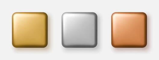 Gold, silver and bronze 3D square buttons with metallic gloss. illustration vector