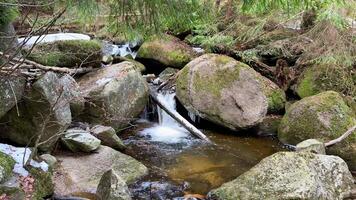 A gently soothing stream cascades gracefully over mosscovered rocks in a peaceful and serene forest setting photo