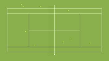 Balls are spread across a tennis court during practice. vector