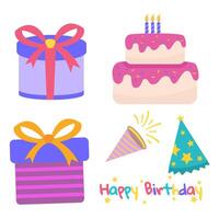 Cute birthday celebration set with cake, gifts, and party elements vector