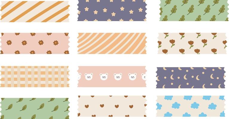 Cute decorative washi tape pattern set with pastel and kawaii elements