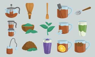 Herbal tea and brewing ingredient set in flat cartoon style vector