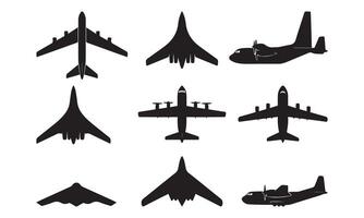 Collection of various Military aircrafts silhouette icon silhouettes on white background. Includes military, cargo, commercial aircraft. For aviation themes. Aviation collection with plane icons vector