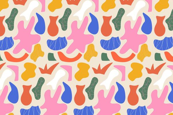 Trendy abstract pattern with bold hand-drawn organic shapes in retro colors. Playful Memphis-inspired background for fashion, branding, textile, and creative projects