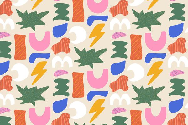 Colorful abstract pattern with playful shapes, leaves, lightning bolts and doodle elements. Hand-drawn modern design for fashion, textile and surface decoration
