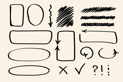 Doodle frame and text box collection with arrows and sketch symbols. Hand-drawn speech bubbles, checkmarks, highlights, and scribbles. vector