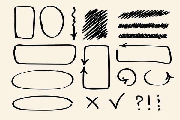 Doodle frame and text box collection with arrows and sketch symbols. Hand-drawn speech bubbles, checkmarks, highlights, and scribbles.