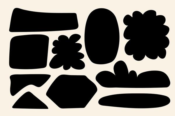 Boho abstract shape collection in black. Hand drawn fluid forms, floral inspired silhouettes, and geometric cutouts for modern design and branding.