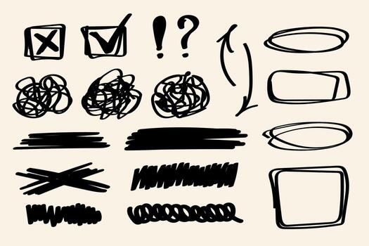 Messy hand drawn scribbles, checkmarks, and sketchy shapes. Doodle sketch elements for notes, highlights, annotations, and creative layouts. vector