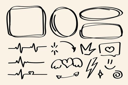 Hand drawn sketch design elements set. Doodle speech bubbles, arrows, hearts, and frames for notes, journaling, infographics, and planners. vector