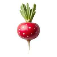 Whimsical Red Radish with White Polka Dots and Green Leaves png