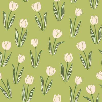 Tender white tulips and leaves on green seamless pattern. Cute spring flowers design for paper, fabric, wallpaper. Mother's day, women's day, birthday background.