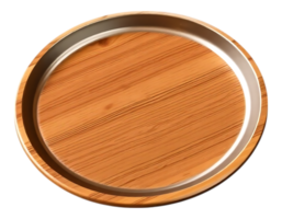 Wooden serving tray with metallic rim, top view, isolated png