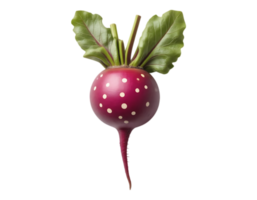 Vibrant Red Radish with Polka Dots and Green Leaves png