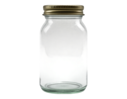 Empty glass jar with golden lid, transparent container for storage. png