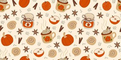 Fall pattern with pumpkins and mugs vector