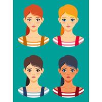 Set of 4 diverse girl avatars with ponytail hairstyle and striped shirts in flat cartoon style. Great for profile icons, character design, apps, or educational graphics. vector
