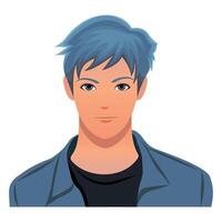 avatar of young man with blue messy hair and casual outfit in flat style. Perfect for user icons, character design, apps, web profiles, and digital branding visuals. vector