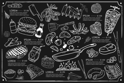 A classic menu featuring meat products. Its user-friendly design draws attention. vector